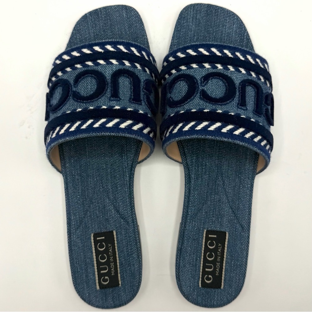 NEW NIB Gucci Logo Blue White Denim Jane Flat Slides EU 36.5